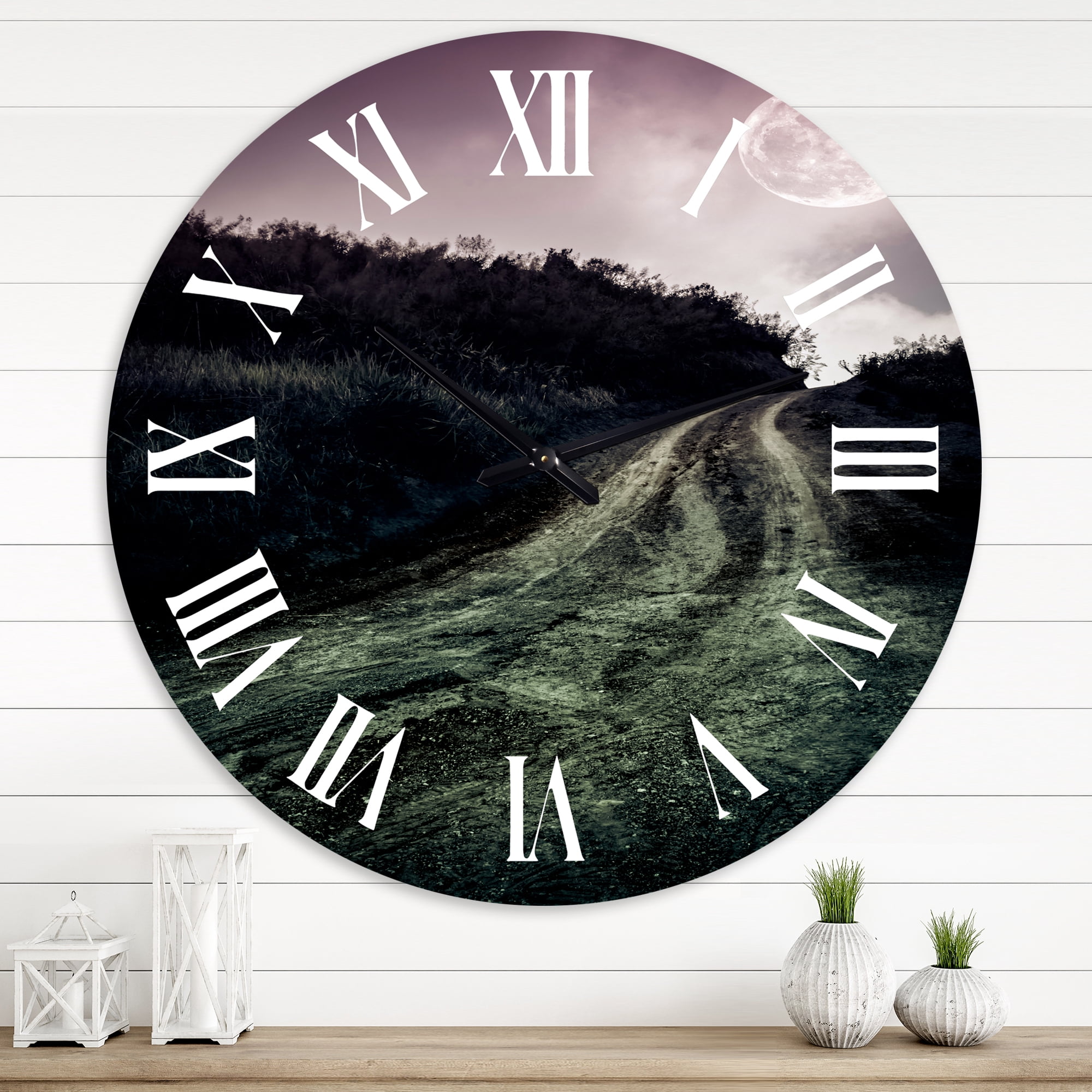 Designart 'Muddy Road Under Full Moon' Modern Wall Clock