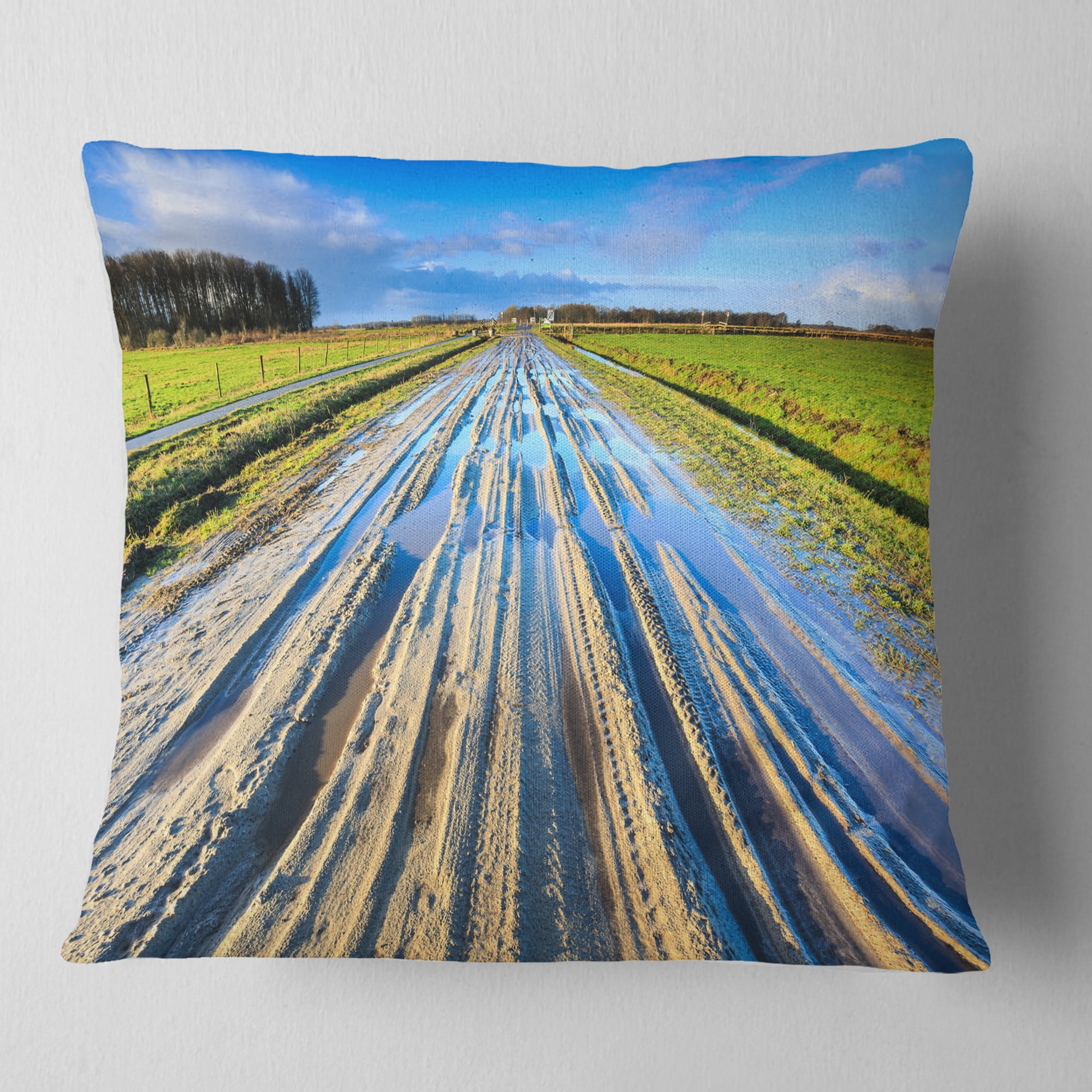 Designart Muddy Sand Lane On Sunny Day - Landscape Printed Throw Pillow - 16x16