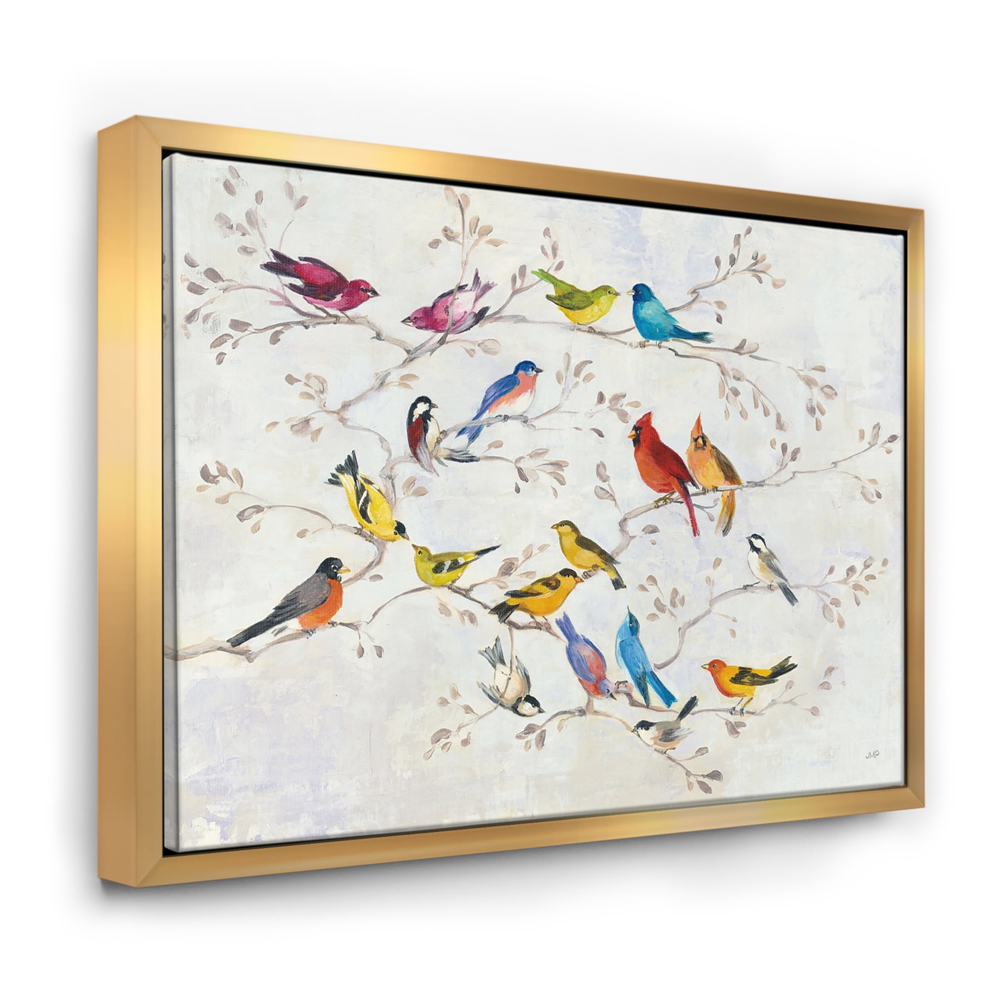 Multicolor Birds on Branches Canvas Print with Gold Frame