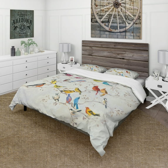 Designart 'Multi-Color Bird on Tree' Traditional Duvet Cover Set