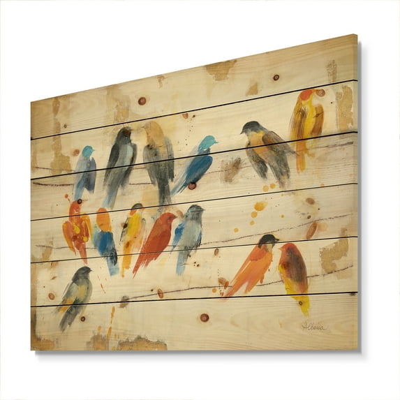 Designart 'Multicolor Bird Meeting' Traditional Animal Print on Natural Pine Wood