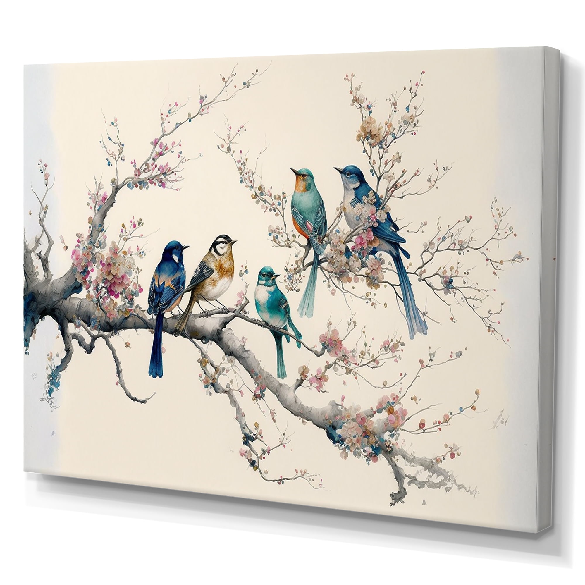 Designart Multicolor Birds On Plum Blossoms Tree I Canvas Wall Art