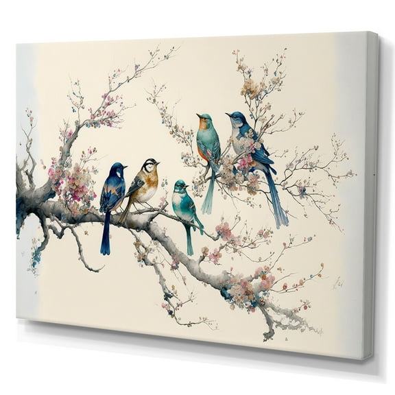Designart Multicolor Birds On Plum Blossoms Tree I Canvas Wall Art