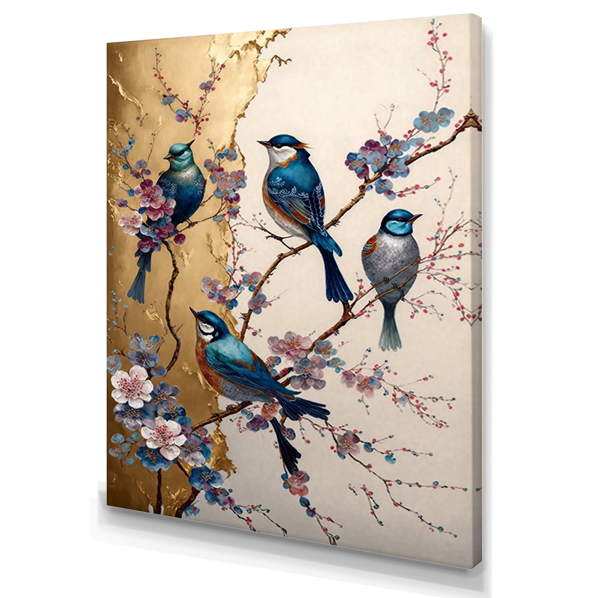 Designart Multicolor Birds On Plum Blossoms Tree II Canvas Wall Art