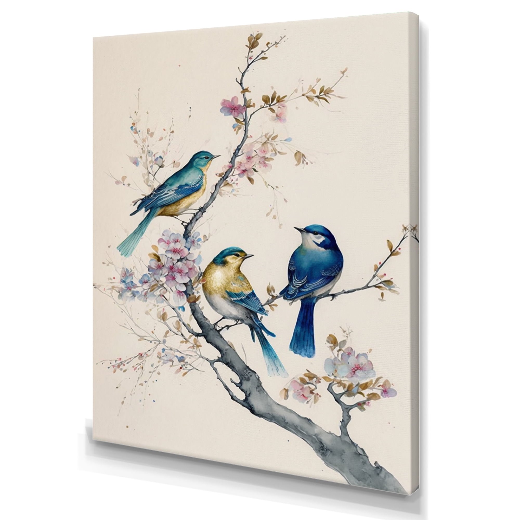 Designart Multicolor Birds On Plum Blossoms Tree III Canvas Wall Art