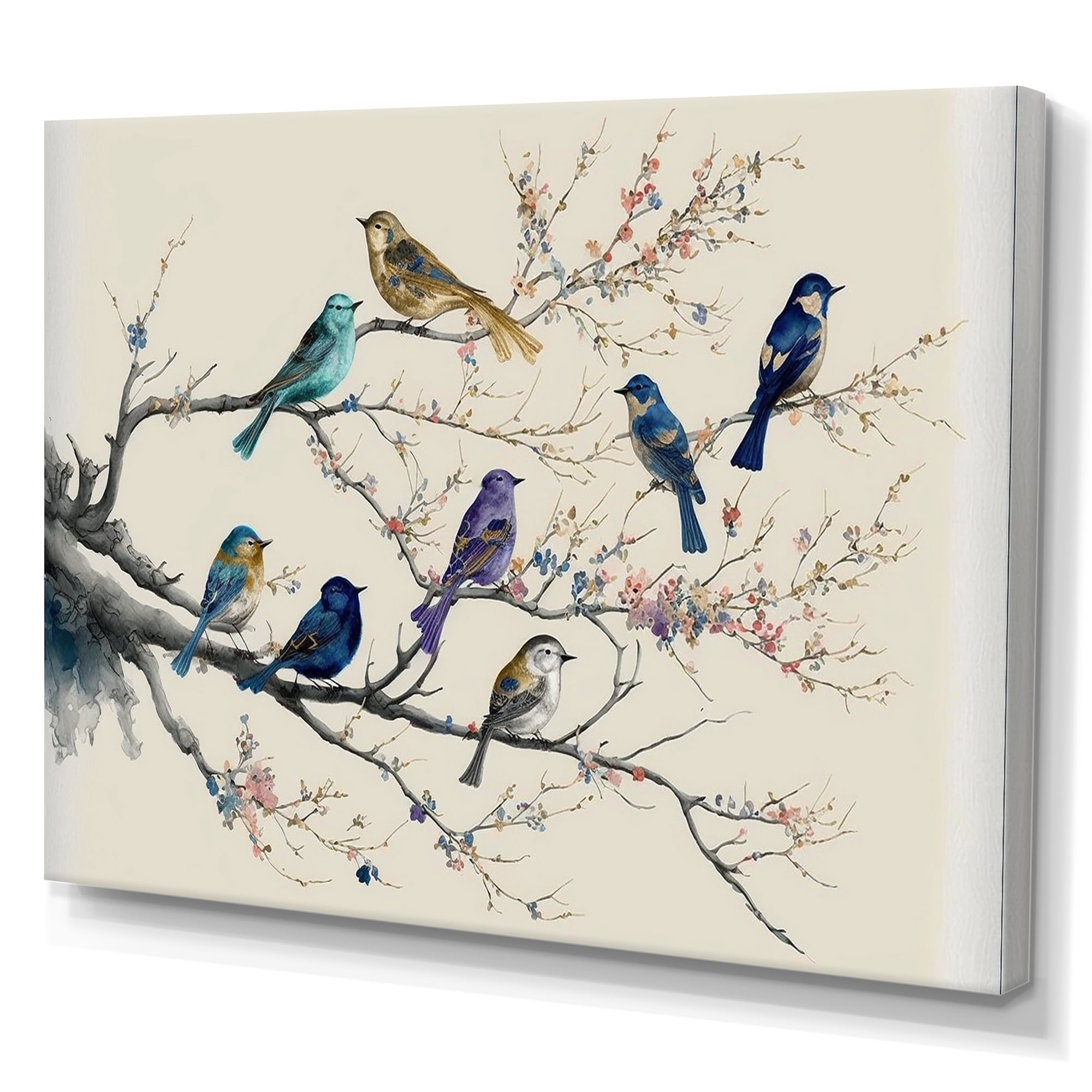 Designart Multicolor Birds On Plum Blossoms Tree IV Canvas Wall Art