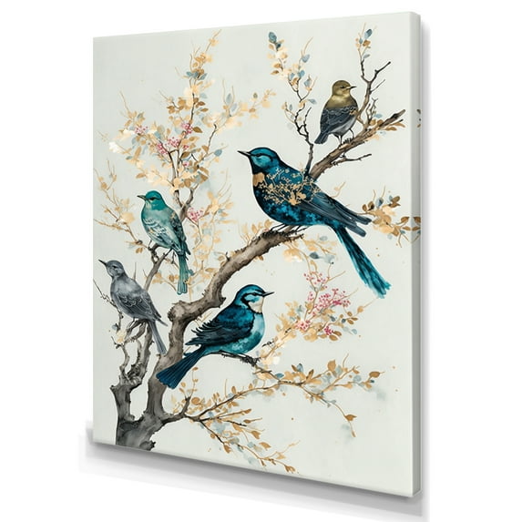 Designart Multicolor Birds On Plum Blossoms Tree IX Canvas Wall Art