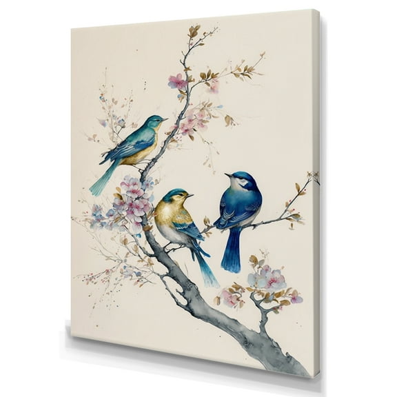 Designart Multicolor Birds On Plum Blossoms Tree V Canvas Wall Art