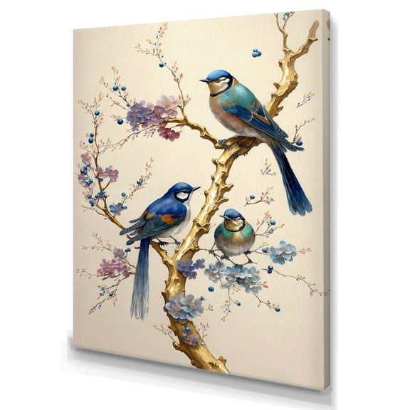 Designart Multicolor Birds On Plum Blossoms Tree VII Canvas Wall Art