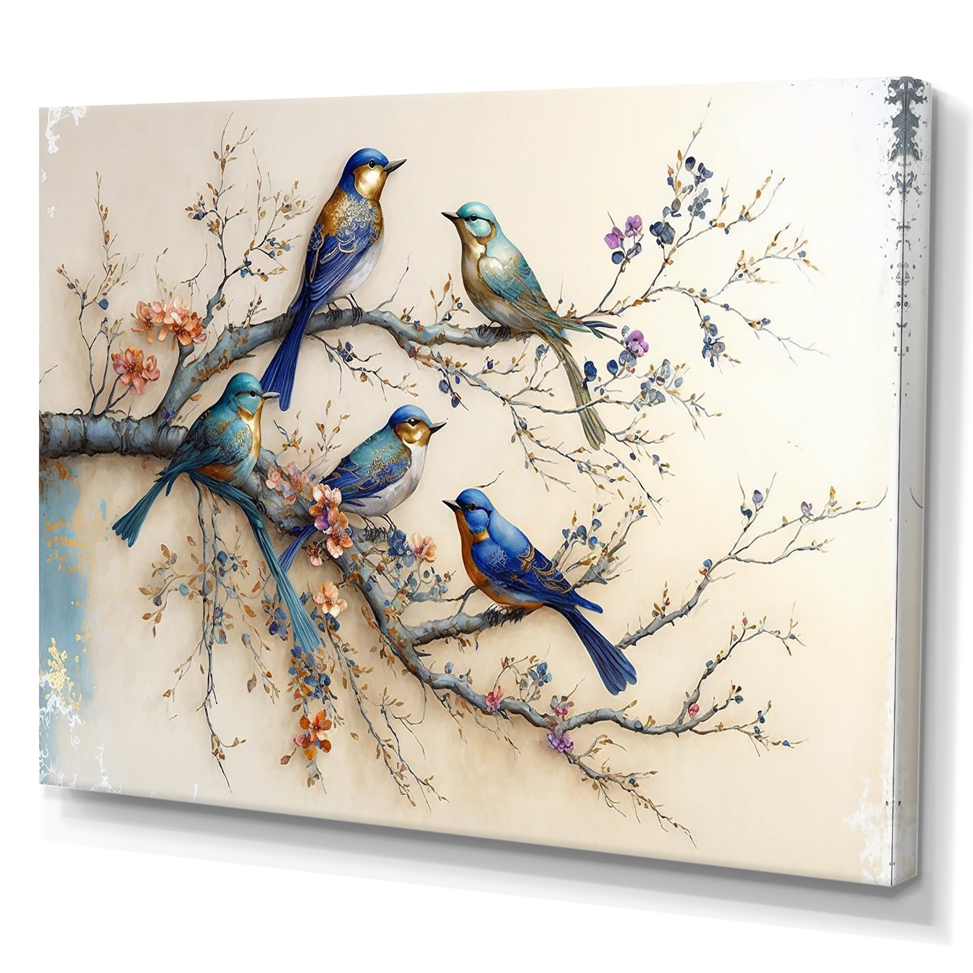 Designart Multicolor Birds On Plum Blossoms Tree X Canvas Wall Art