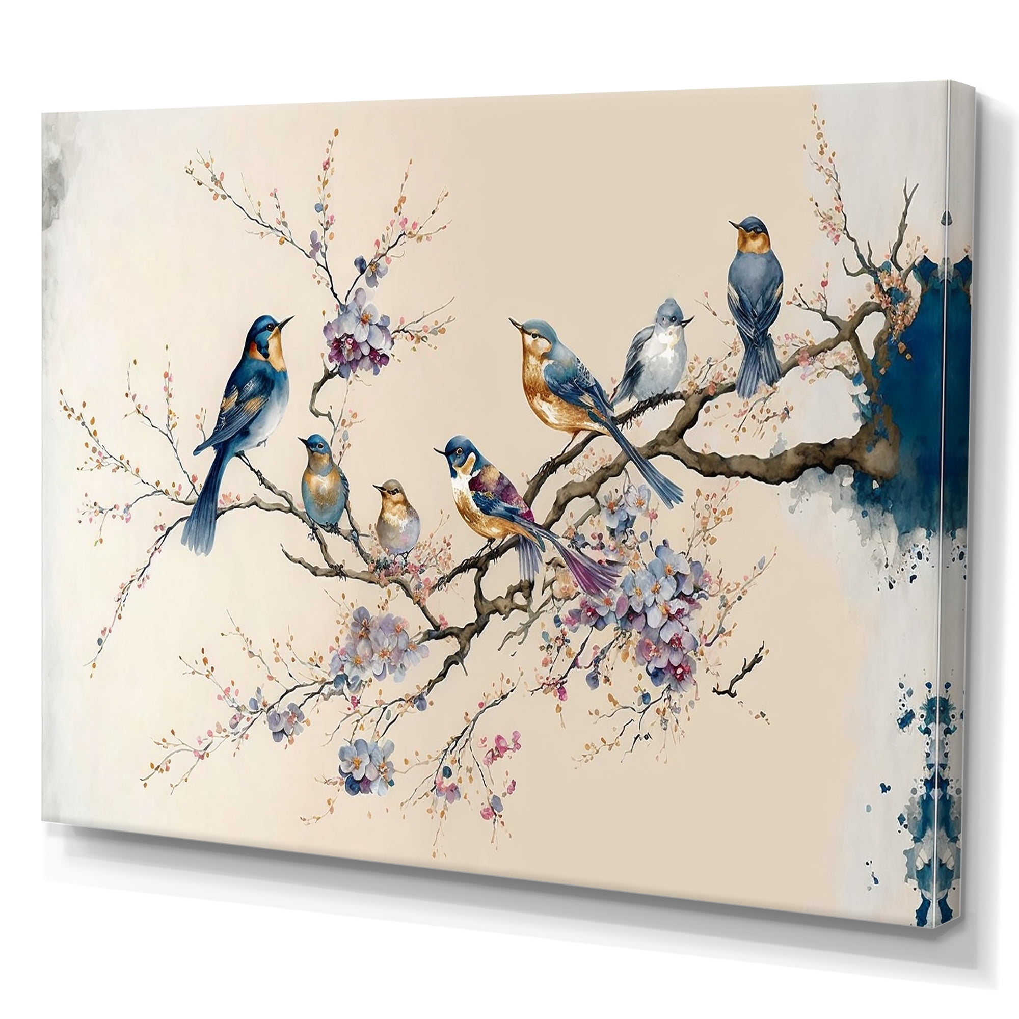 Designart Multicolor Birds On Plum Blossoms Tree XI Canvas Wall Art