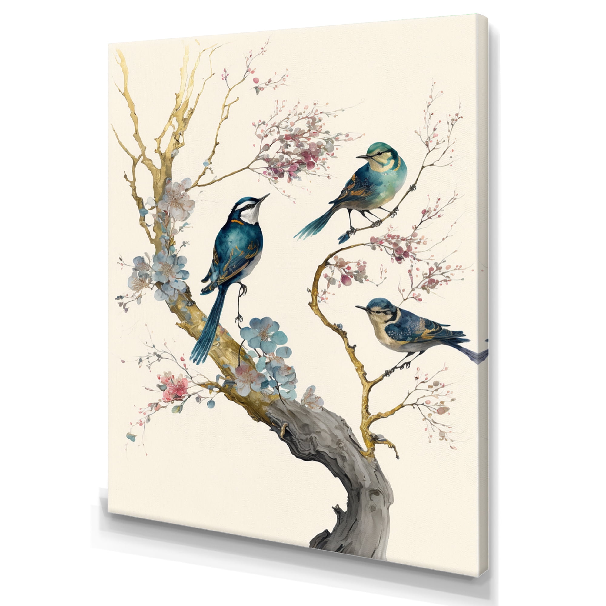 Designart Multicolor Birds On Plum Blossoms Tree XII Canvas Wall Art