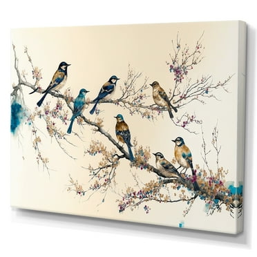 Designart Multicolor Birds On Plum Blossoms Tree XIV Canvas Wall Art