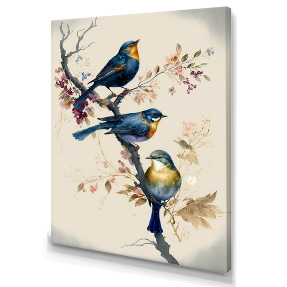 Designart Multicolor Birds On Plum Blossoms Tree XV Canvas Wall Art