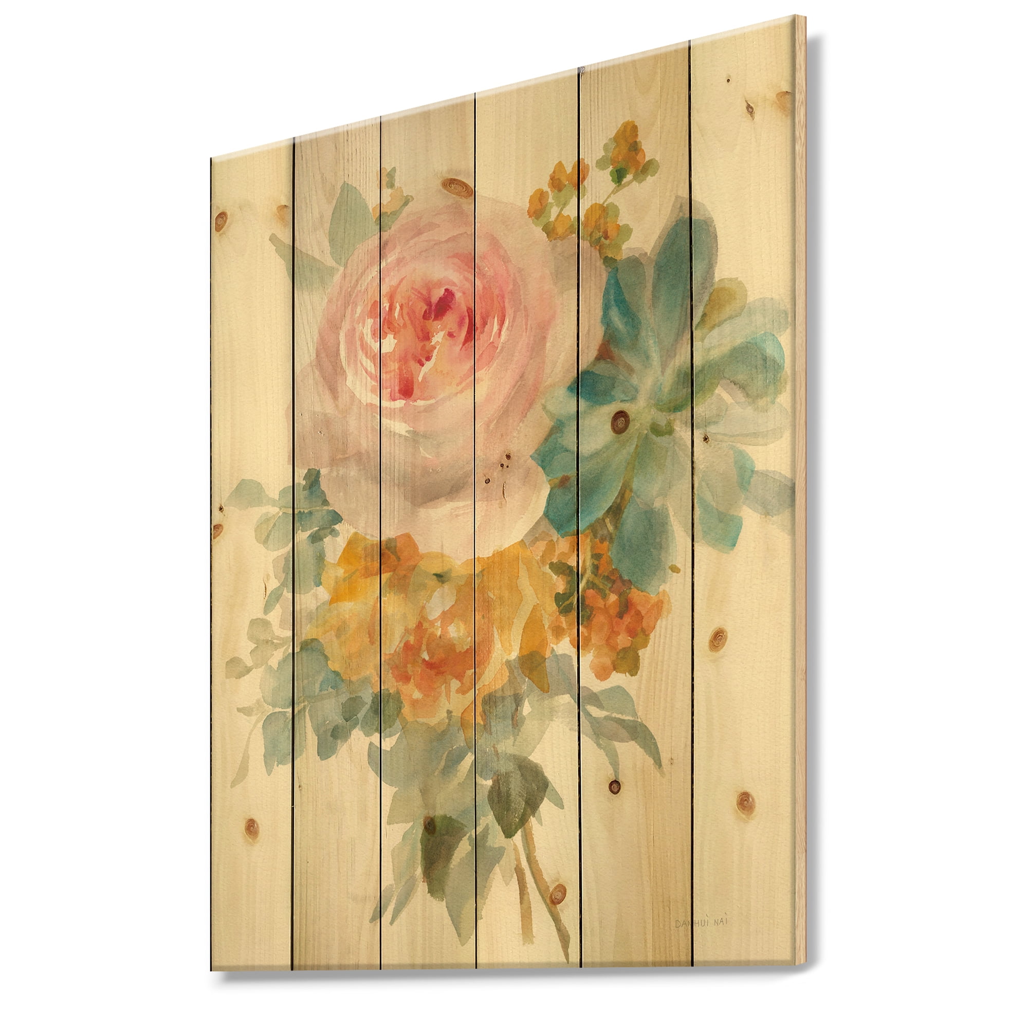 Designart 'Multicolor French Bouquet I' Farmhouse Print on Natural Pine Wood