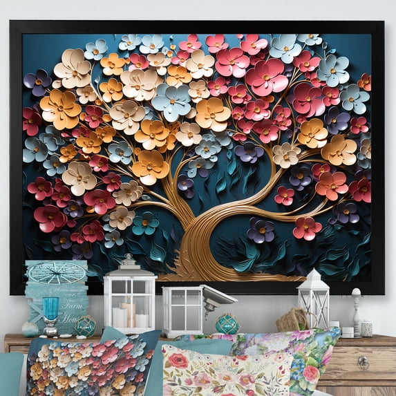 Designart "Multicolor Melody Golden Tree" Landscapes Framed Wall Art Decor - Country Colorful Tree Bedroom Framed Canvas Wall Art