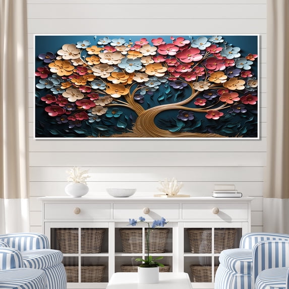 Designart "Multicolor Melody Golden Tree" Oversized Landscapes Framed Wall Art - Country Colorful Tree Hallway Framed Wall Art Decor
