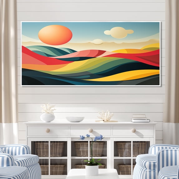 Designart "Multicolor Minimalism Line Art Landscape I" Extra Large Landscapes Framed Wall Art - Traditional Red Meadow Bedroom Framed Canvas Wall Art
