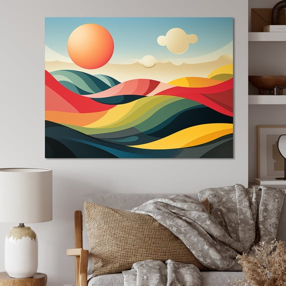 Designart "Multicolor Minimalism Line Art Landscape I" Oversized Landscapes Wall Art - Traditional Red Meadow Living Room Canvas Art