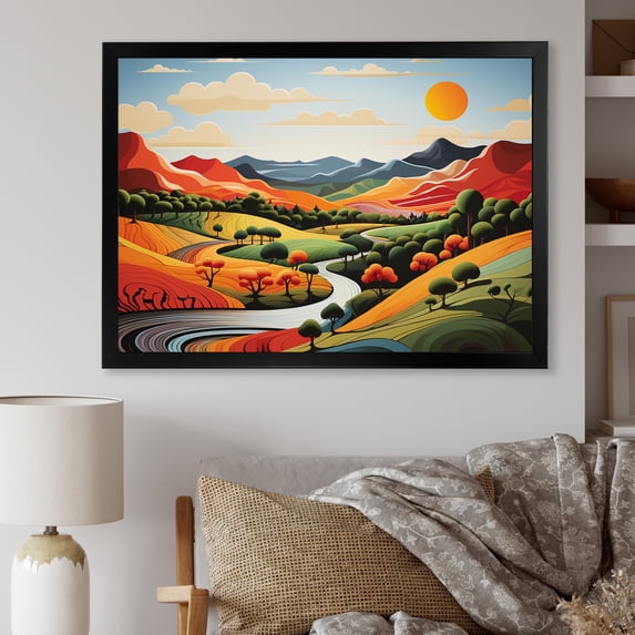 Designart "Multicolor Minimalism Line Art Landscape IV" Landscapes Framed Wall Art Decor - Traditional Red Meadow Bedroom Framed Canvas Wall Art