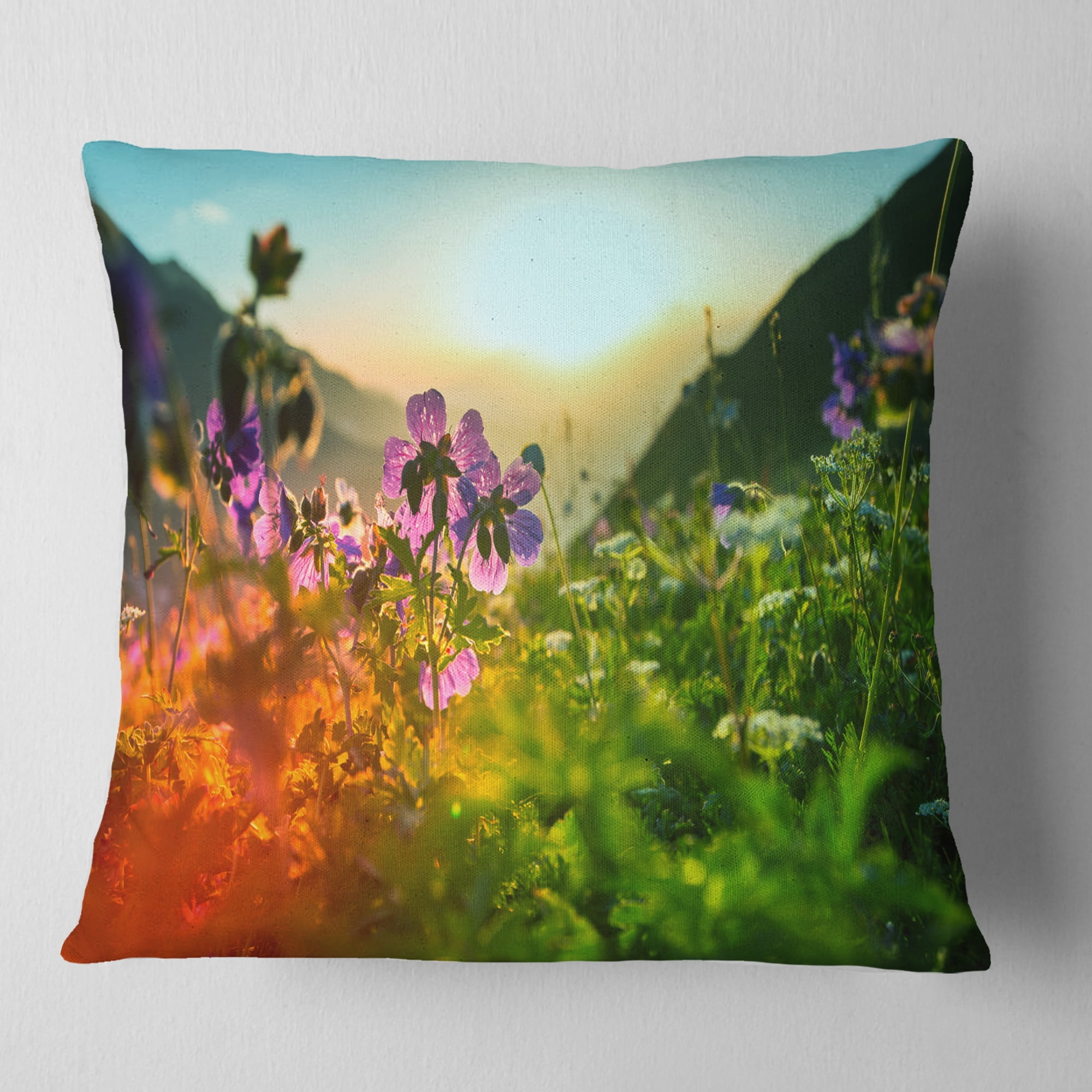 Designart Multicolor Mountains Meadow View - Floral Throw Pillow - 18x18