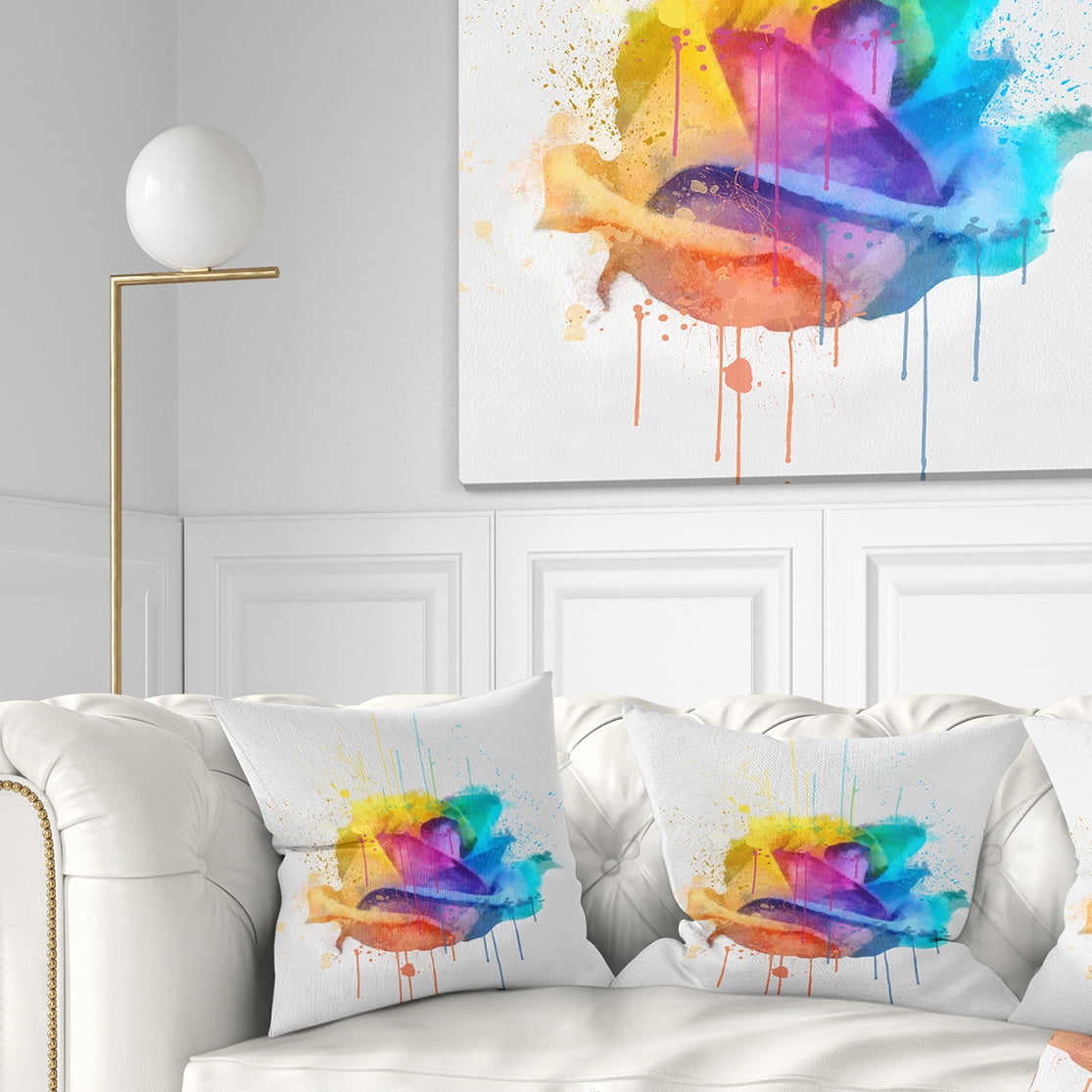 Designart Multicolor Rose with Color Splashes - Floral Throw Pillow - 16x16