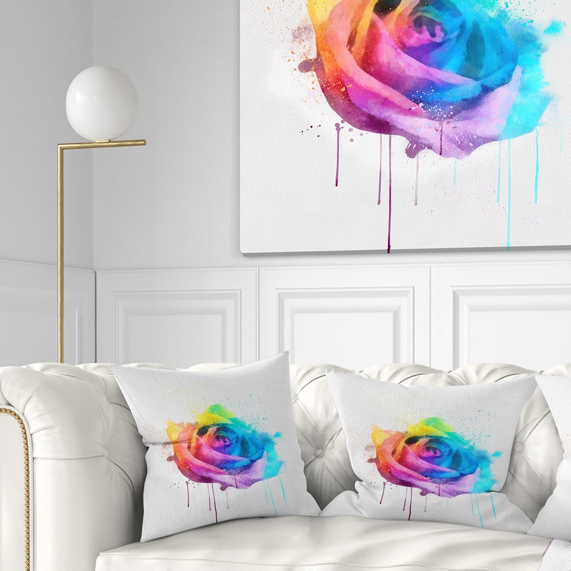 Designart Multicolor Watercolor Rose Flower - Floral Throw Pillow - 18x18
