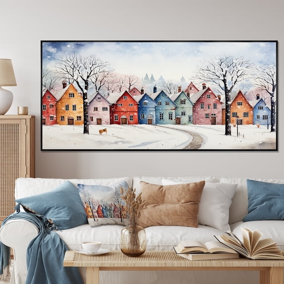 Designart "Multicolor Winter Cityscape II" Oversized Landscapes Framed Wall Art - Traditional Colorful Winter Landscape Hallway Framed Wall Art Decor