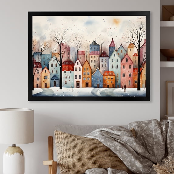 Designart "Multicolor Winter Cityscape III" Landscapes Framed Wall Art Decor - Traditional Colorful Winter Landscape Living Room Framed Canvas Art