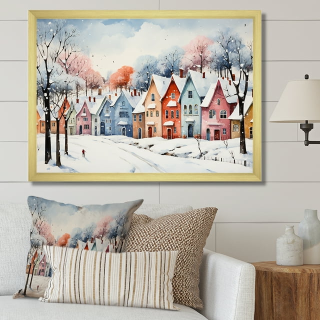 Designart "Multicolor Winter Cityscape IV" Landscapes Framed Wall Art Decor - Traditional Colorful Winter Landscape Hallway Framed Wall Art Decor