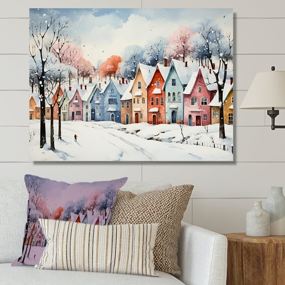 Designart "Multicolor Winter Cityscape IV" Oversized Landscapes Wall Art - Traditional Colorful Winter Landscape Entryway Wall Art