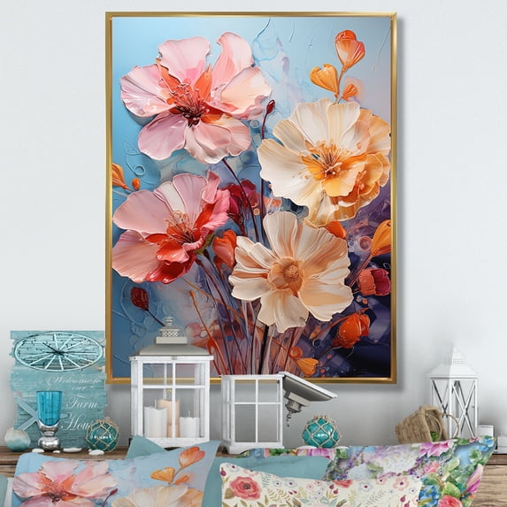 Designart "Multicolored Acrylic Red Orchids in Representation II" Floral Floater Framed Wall Decor