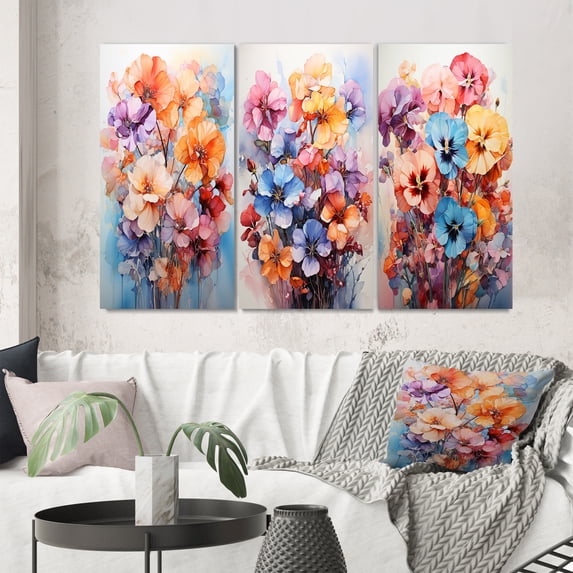 Designart "Multicolored Acrylic Representing Pansies III" Floral Wall Art Set Of 3 - Multi-Color Pansies Gallery Set For Office Decor
