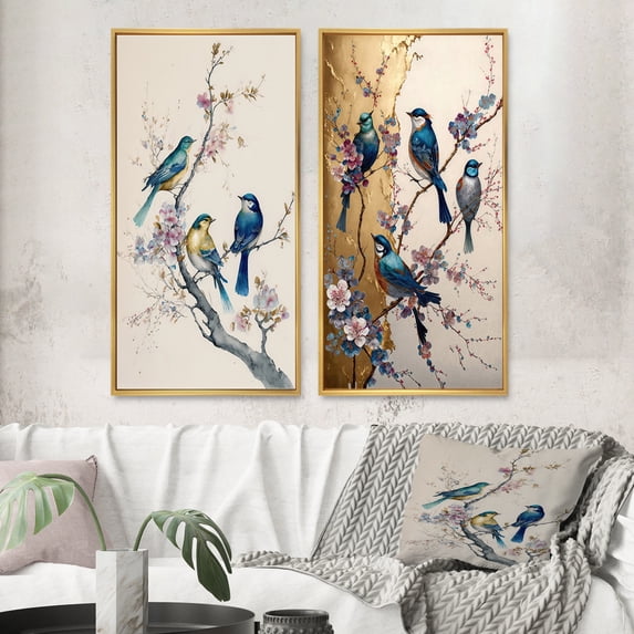 Designart "Multicolored Birds on Plum Blossom Tree III" Bird Framed Wall Art Set Of 2 - Beige Animals Frame Gallery Set For Office Decor
