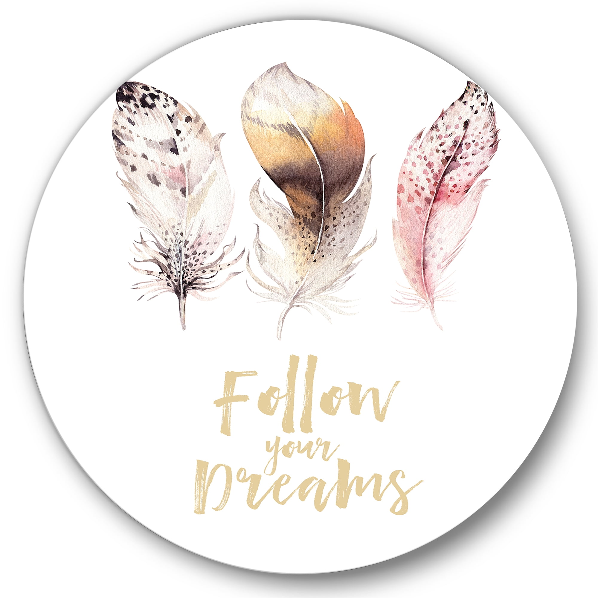 Designart 'Multicolored Boho Art Feathers Follow Your Dreams' Bohemian & Eclectic Circle Metal Wall Art 23x23 - Disc of 23
