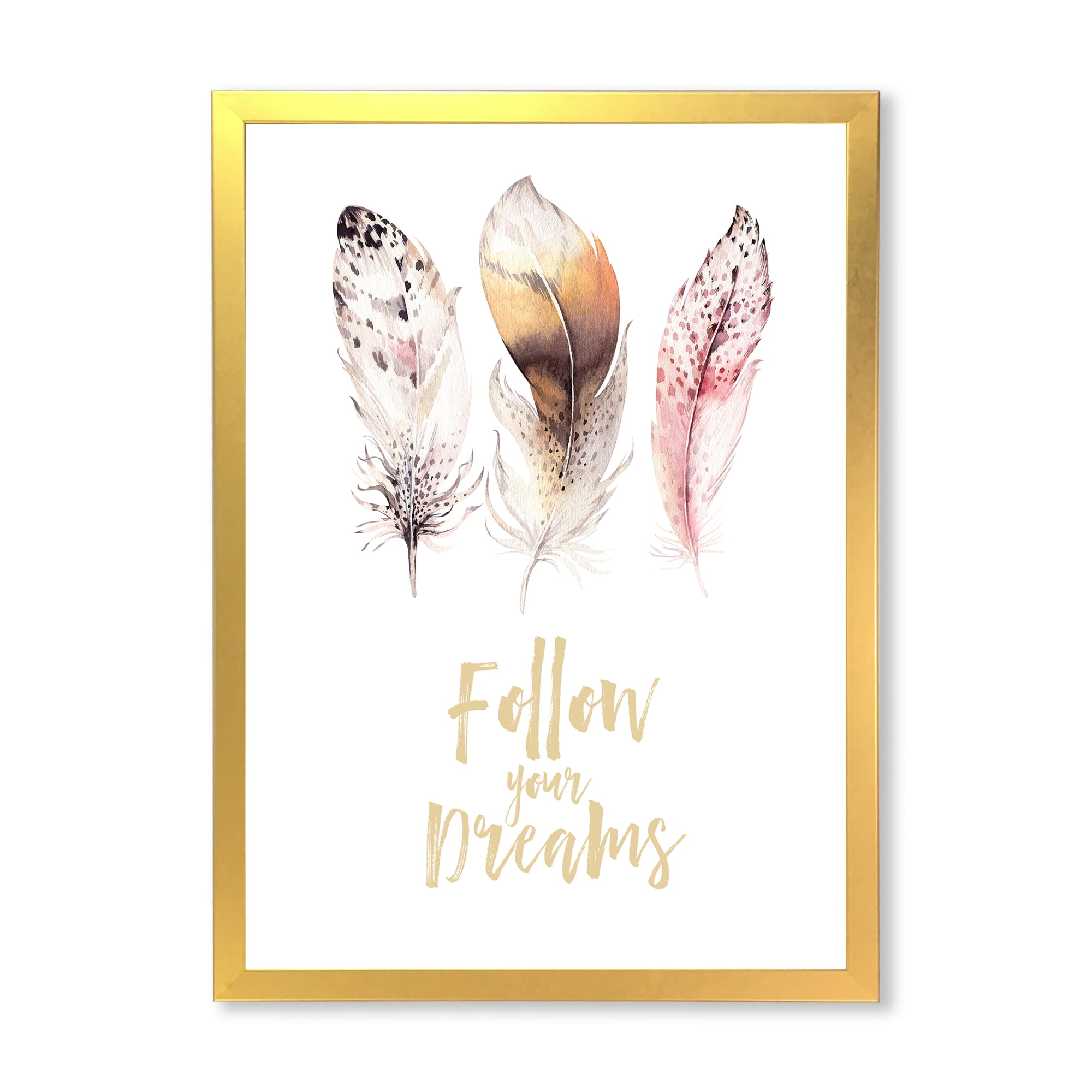 Designart 'Multicolored Boho Art Feathers Follow Your Dreams' Bohemian & Eclectic Framed Art Print