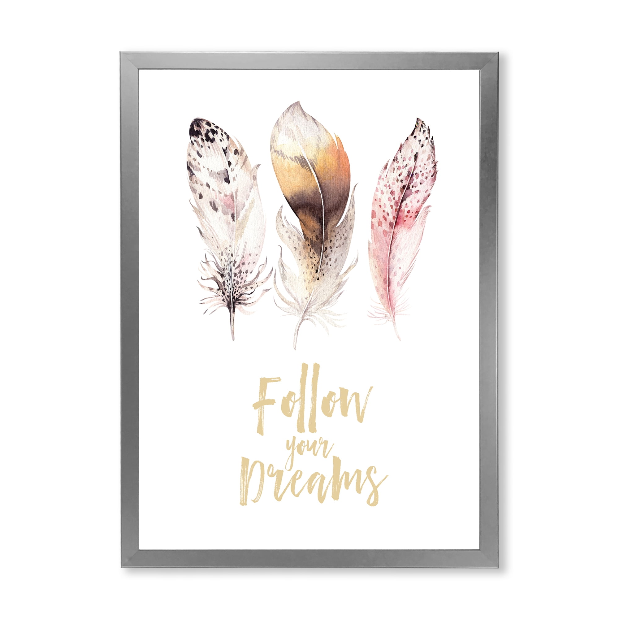 Designart 'Multicolored Boho Art Feathers Follow Your Dreams' Bohemian & Eclectic Framed Art Print