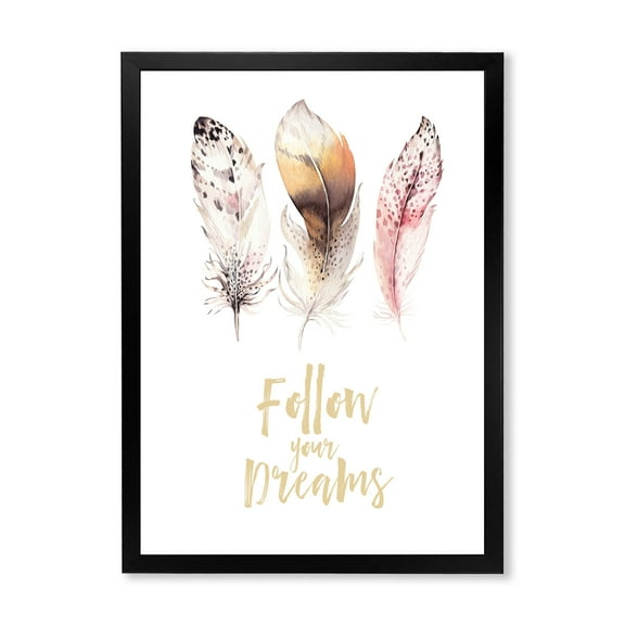 Designart 'Multicolored Boho Art Feathers Follow Your Dreams' Bohemian & Eclectic Framed Art Print