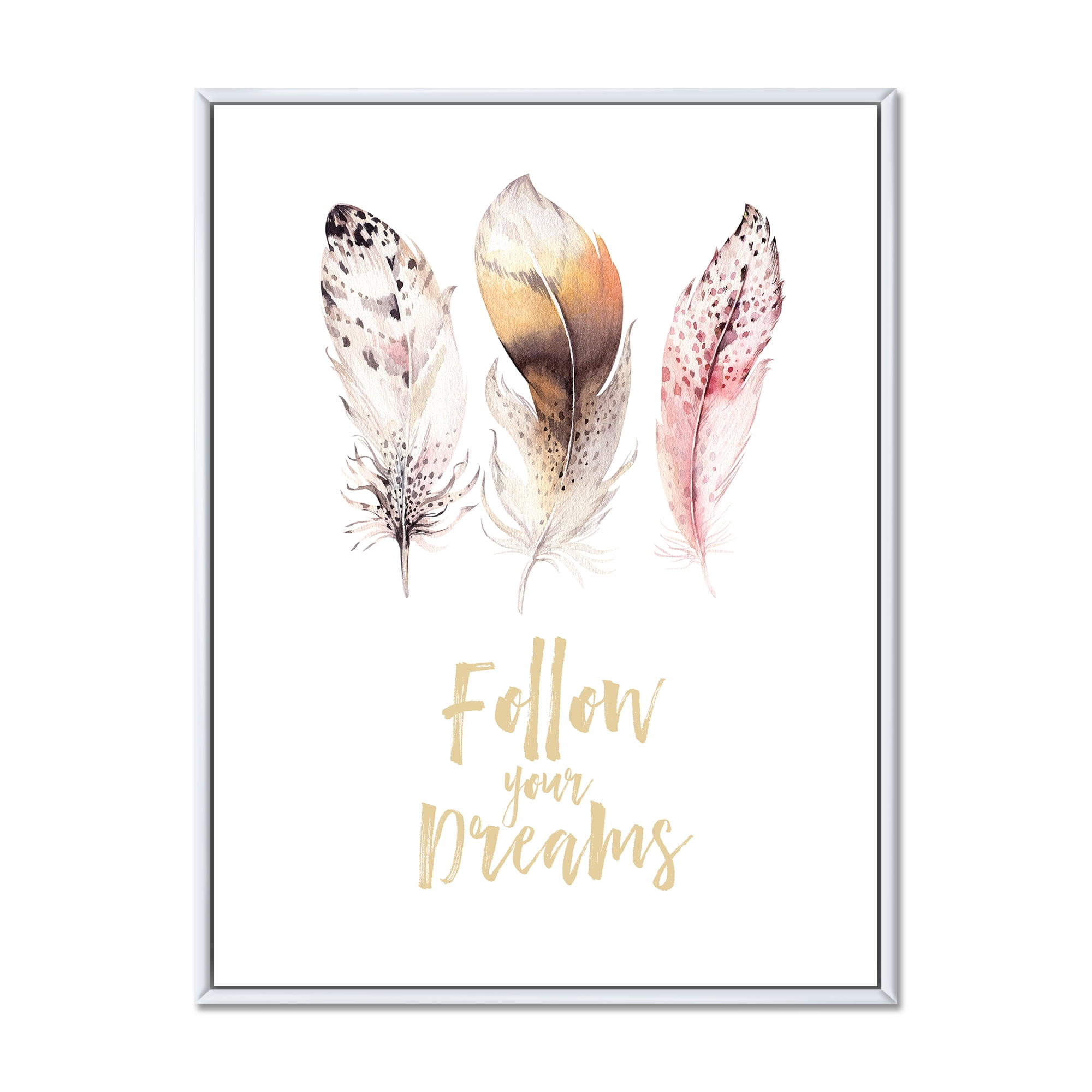 Designart 'Multicolored Boho Art Feathers Follow Your Dreams' Bohemian & Eclectic Framed Canvas Wall Art Print