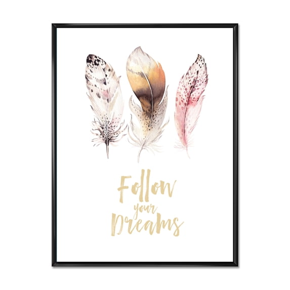 Designart 'Multicolored Boho Art Feathers Follow Your Dreams' Bohemian & Eclectic Framed Canvas Wall Art Print