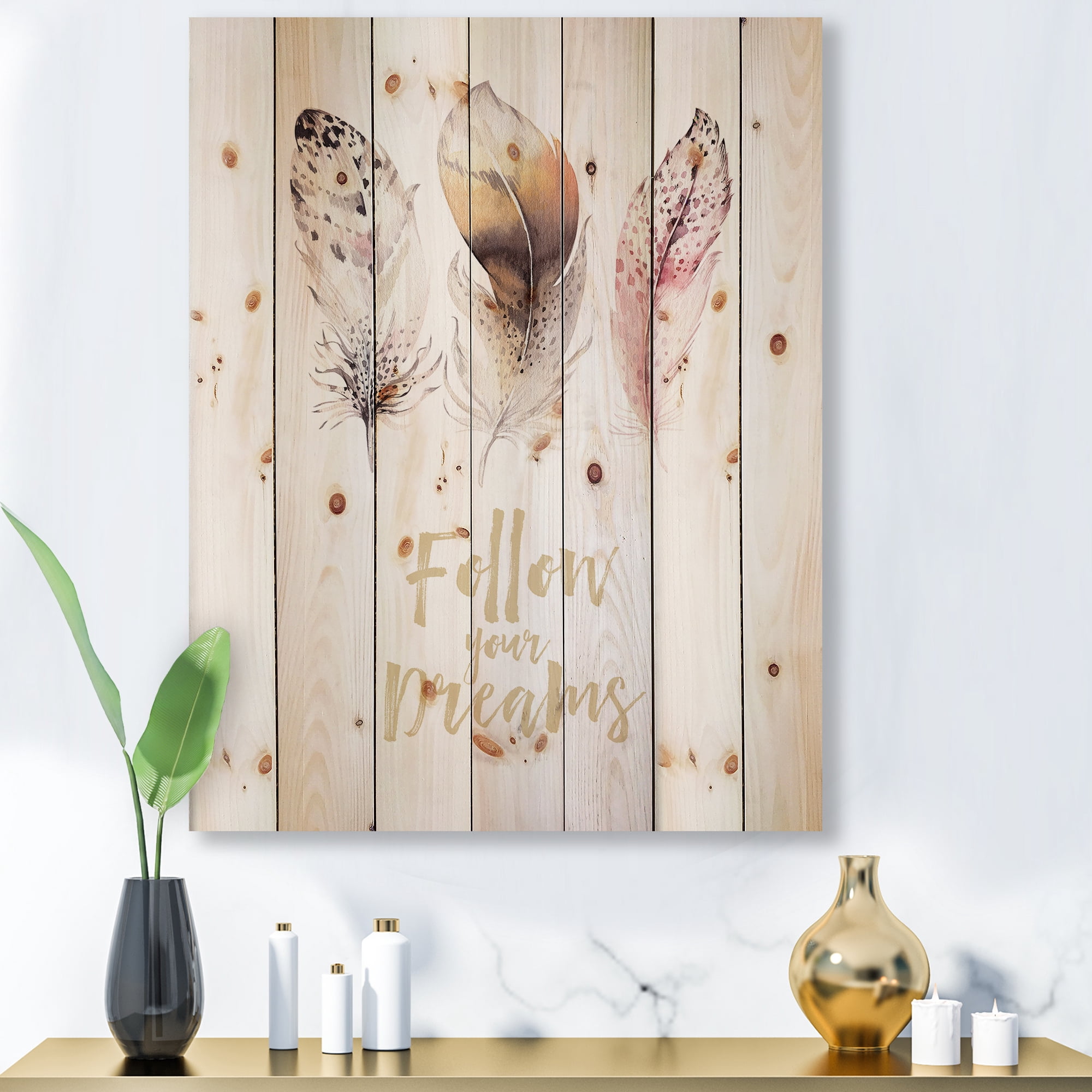Designart 'Multicolored Boho Art Feathers Follow Your Dreams' Bohemian & Eclectic Print on Natural Pine Wood
