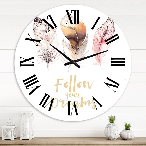 Designart 'Multicolored Boho Feathers Follow Your Dreams' Bohemian & Eclectic Wall Clock