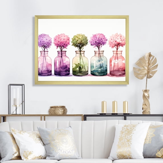 Designart "Multicolored Calligraphy Perfumes for Each Season" Fashion Framed Wall Art Decor - Glam Pink Perfumes Bedroom Framed Canvas Wall Art