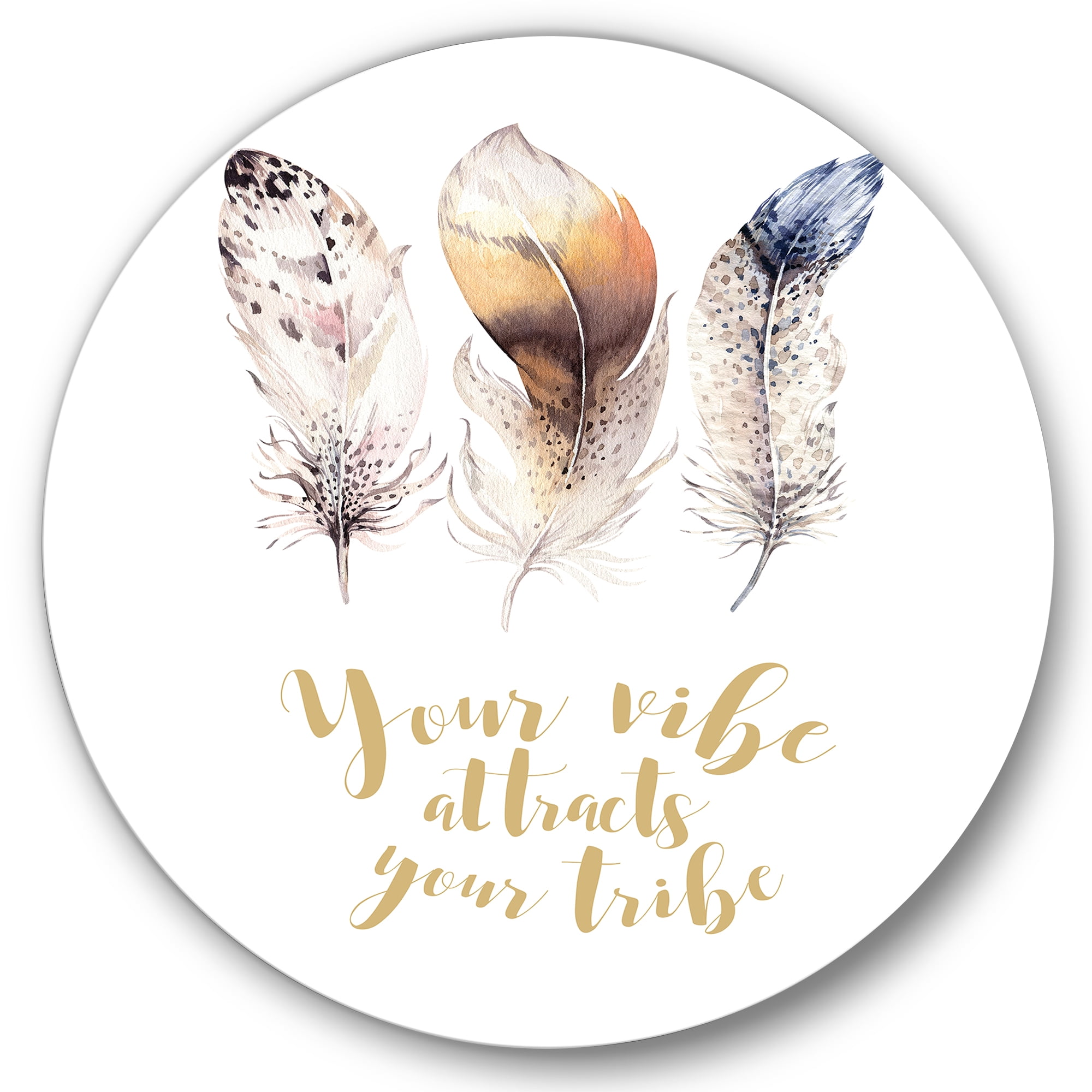 Designart 'Multicolored Ethnic Art Feathers With Inspiring Quote' Bohemian & Eclectic Circle Metal Wall Art 11x11 - Disc of 11