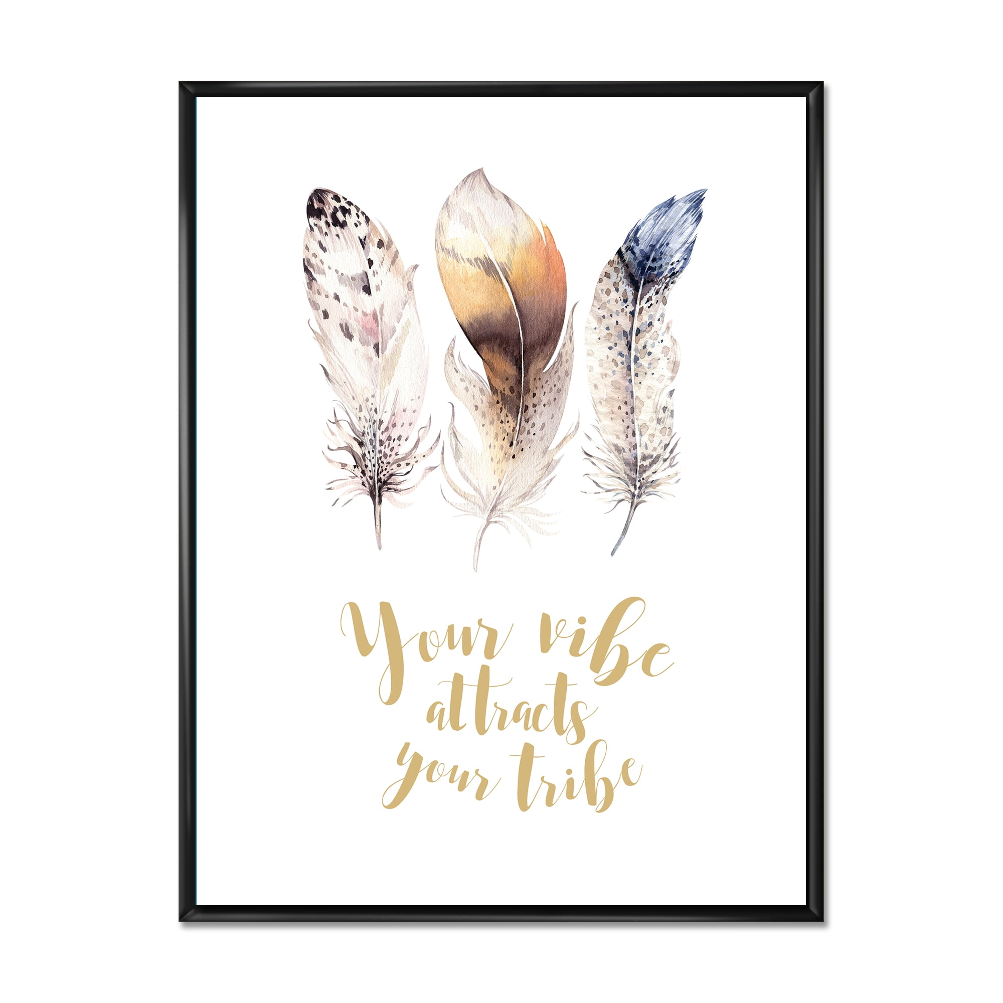 Designart 'Multicolored Ethnic Art Feathers With Inspiring Quote' Bohemian & Eclectic Framed Canvas Wall Art Print