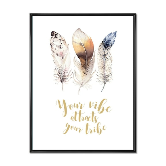 Designart 'Multicolored Ethnic Art Feathers With Inspiring Quote' Bohemian & Eclectic Framed Canvas Wall Art Print