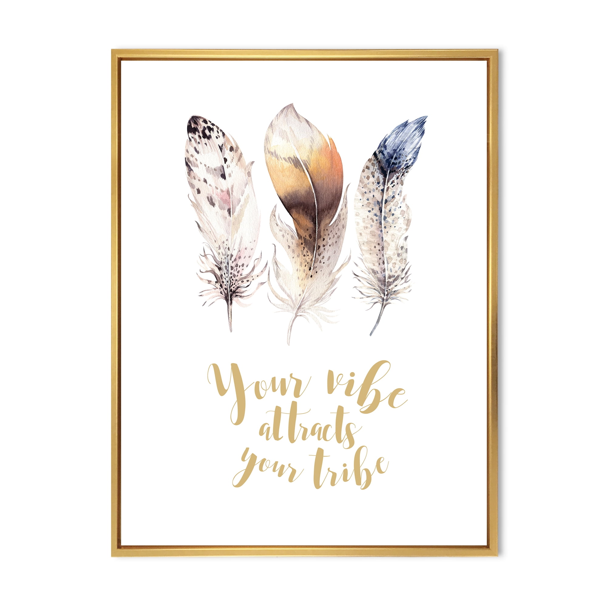 Designart 'Multicolored Ethnic Art Feathers With Inspiring Quote' Bohemian & Eclectic Framed Canvas Wall Art Print