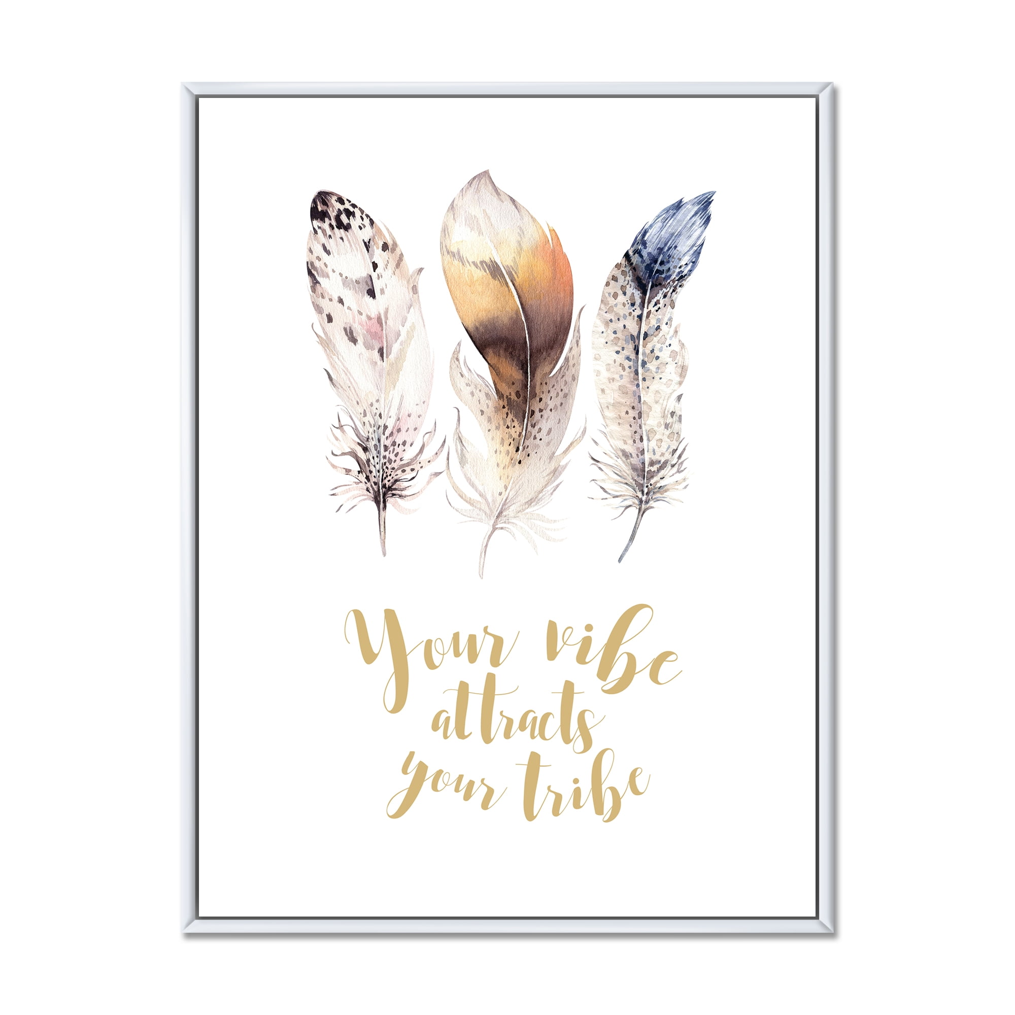 Designart 'Multicolored Ethnic Art Feathers With Inspiring Quote' Bohemian & Eclectic Framed Canvas Wall Art Print