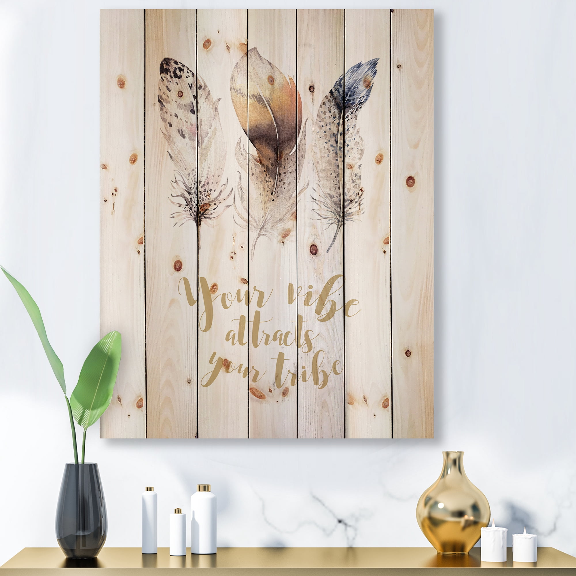 Designart 'Multicolored Ethnic Art Feathers With Inspiring Quote' Bohemian & Eclectic Print on Natural Pine Wood