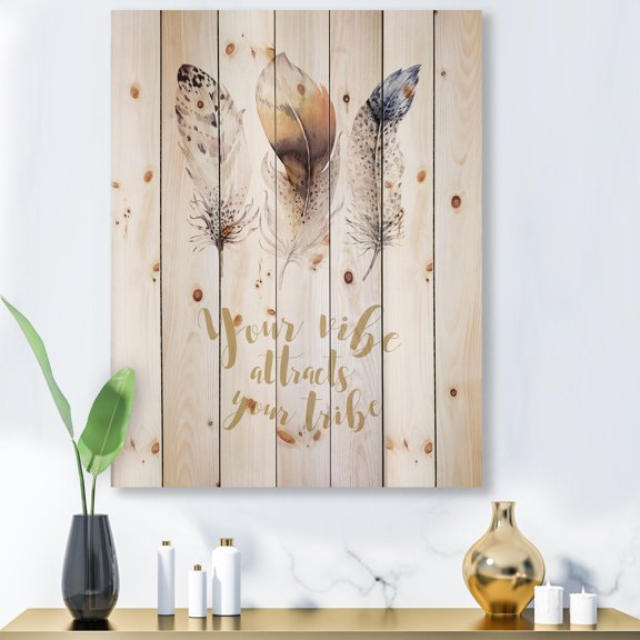 Designart 'Multicolored Ethnic Art Feathers With Inspiring Quote' Bohemian & Eclectic Print on Natural Pine Wood
